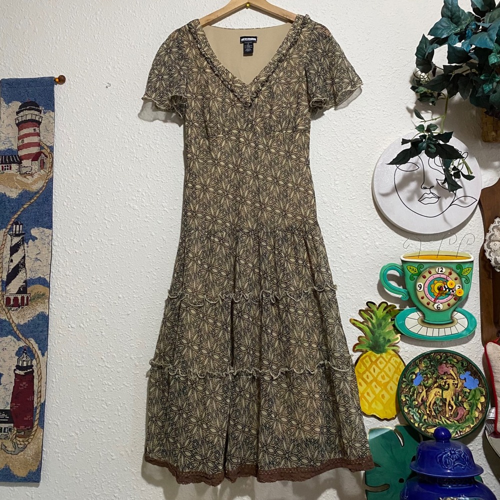 Believe Vintage Geometric Floral Tiered‎ Midi Dress Brown Ruffle 8 whimsy y2k